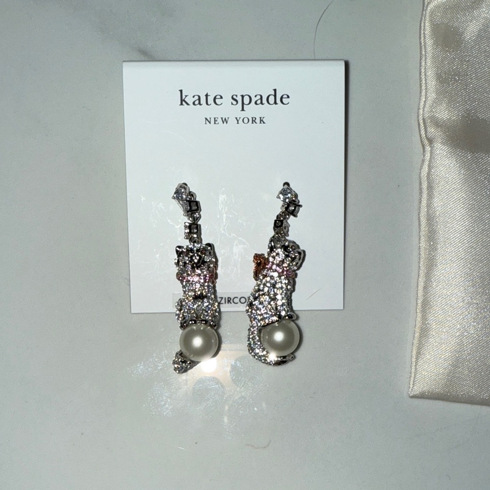 Kate Spade Silver and Pearl Drop Kitty Cat with Bow Rhinestone Earrings